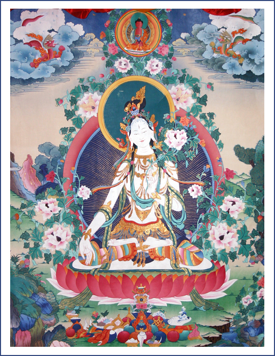 White Tara, who represents longevity and is one of the main emanations of Tara, the female, or activity aspect of Buddha