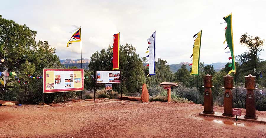 Prayer flags and sponsored prayer wheels at Amitabha Stupa in Arizona