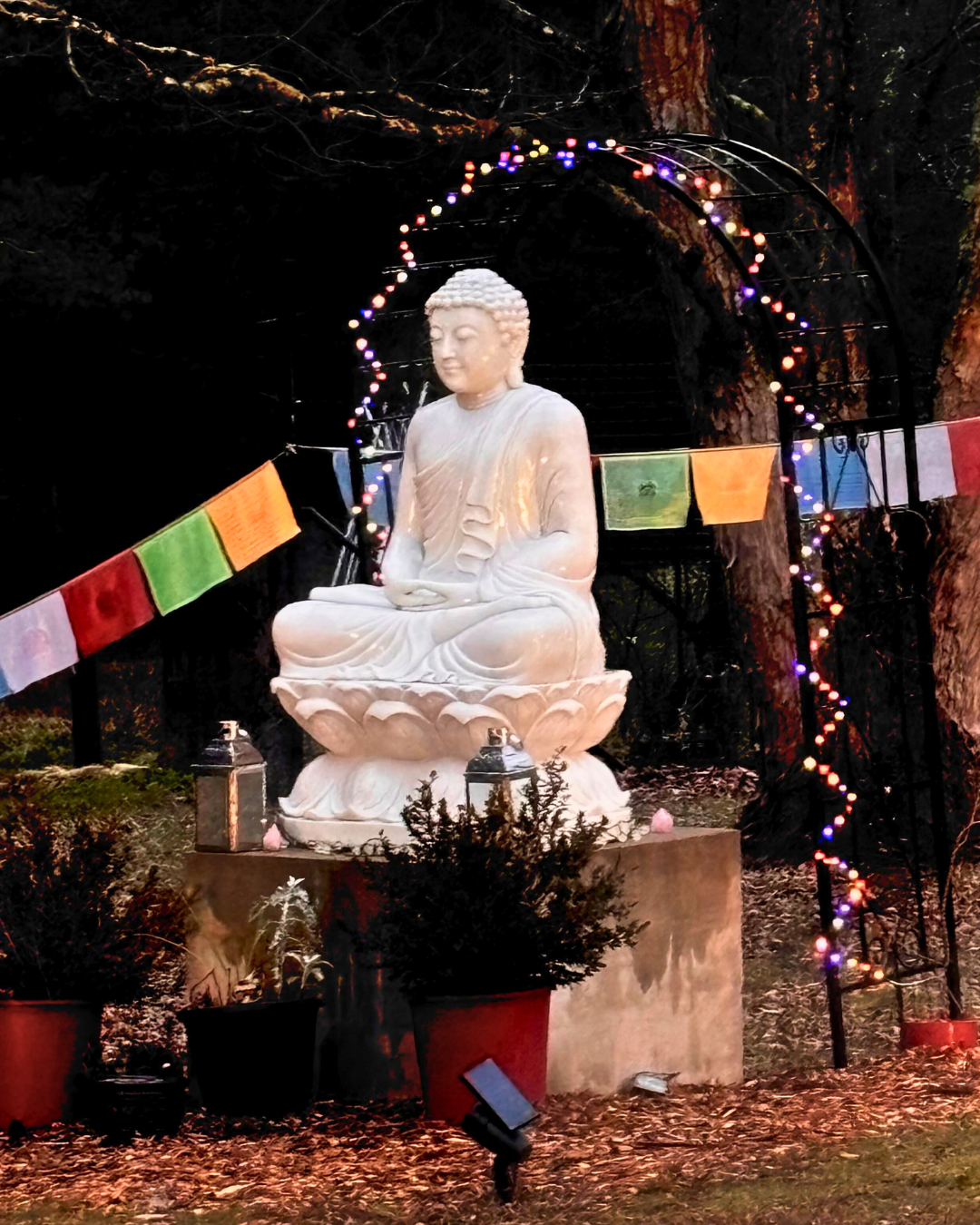 Colorful lights decorating the Shakyamuni Buddha statue on KPC's front lawn