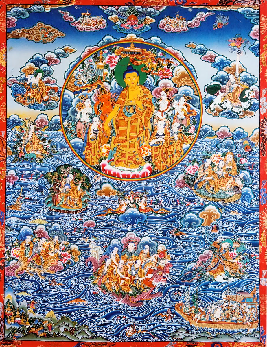 Thangka painting of Buddha Shakyamuni's descent from Tusita heaven