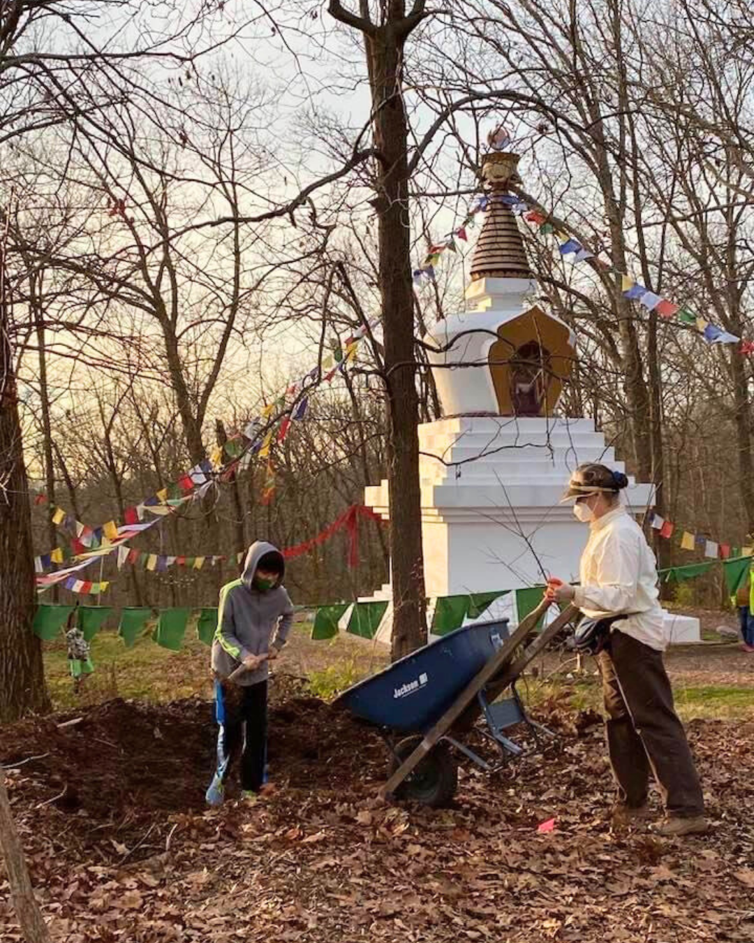 Volunteers raking leaves into a wheelbarrow by the Enlightenment Stupa